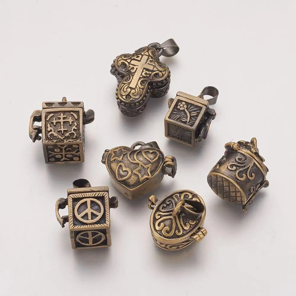 

Pandahall Mixed Shapes Antique Bronze Brass Prayer Box Pendants