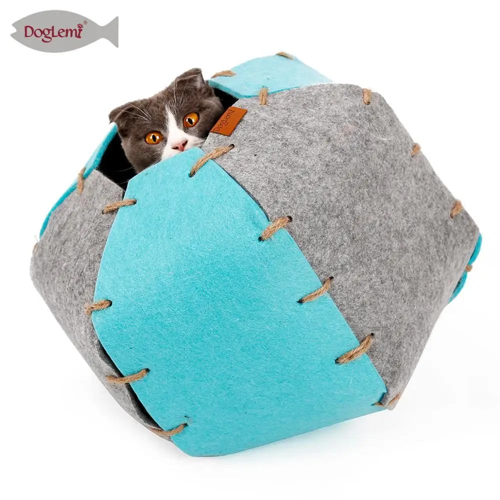 

DogLemi 4 In 1 Functional Cat Cave Bed Nature Felt Handcrafted Cat House Bed, Brown, green, blue