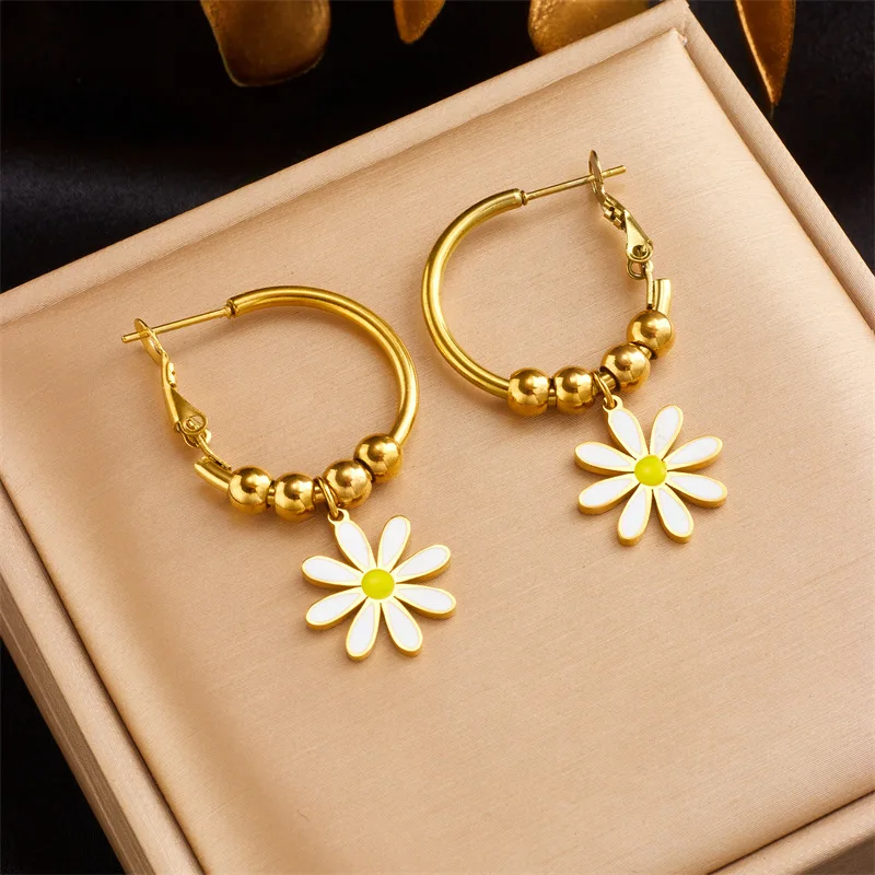 2023 New Fashion 18k Gold Plated Stainless Steel C Shape Flower Drop Earrings Designs For Women