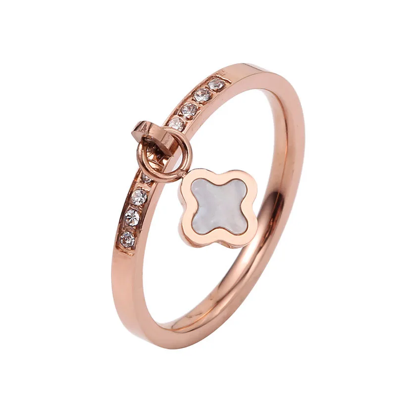 

Wholesale Amazon Hot Sale Fashion Zircon Four Leaf Clover Rings Stainless Steel 18K Gold Women Ring, As picture