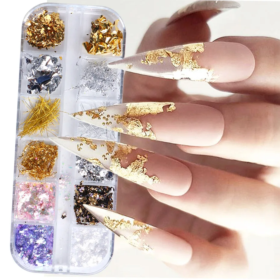 

12 Grids Holographic Aluminum Nail Foil Flakes Stickers Nail Sequins 3D Glitter Decoration Foil Nail Art