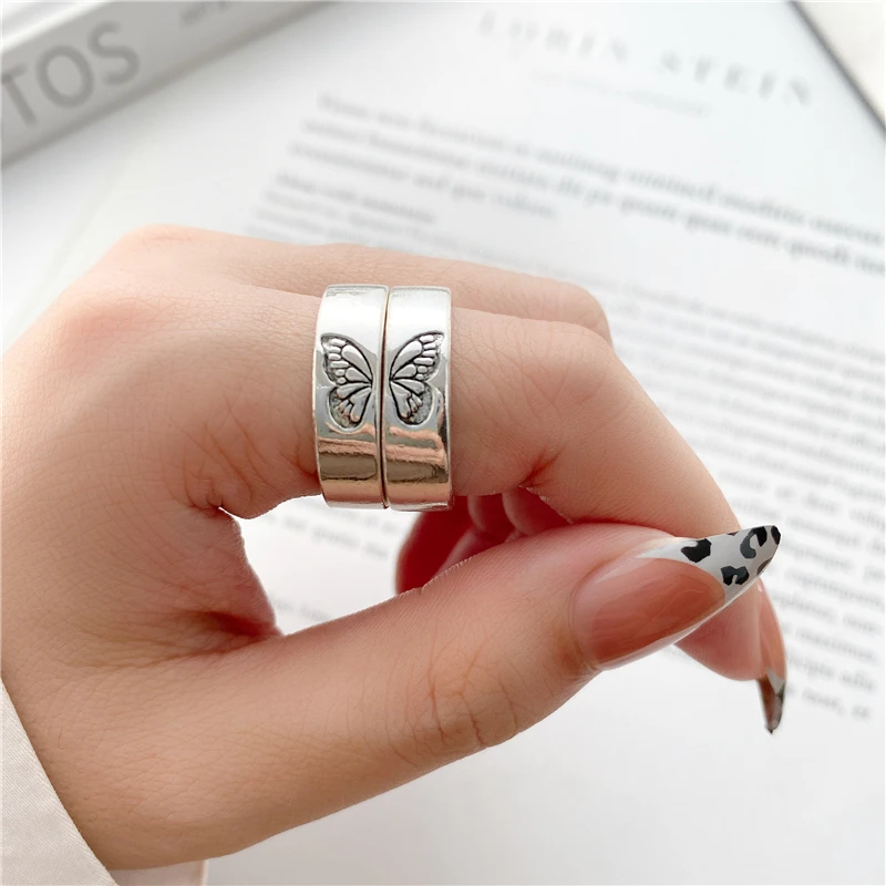 

2022 Fashion Cute Silver Butterfly Couple Rings For Lover Women Men Metal Geometric Heart Star Moon Ring Set Gift Jewelry