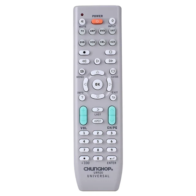 

Chunghop factory UR920 8 in 1 TV/AMP/DVD/SAT/VCR/CBL/AUX universal TV satellite receive remote control, Grey/yellow