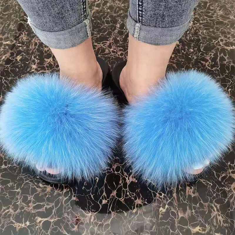 

Women fox fur slides Outdoor Fluffy Fur Slippers sandals good quality fur slippers, Customized color