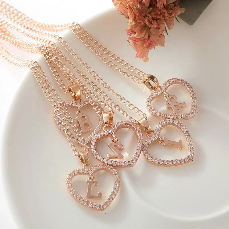 

Trendy fashion classic gold rose love heart 26 alphabet necklace zircon jewelry diamond initial alphabet necklace, As picture or customized