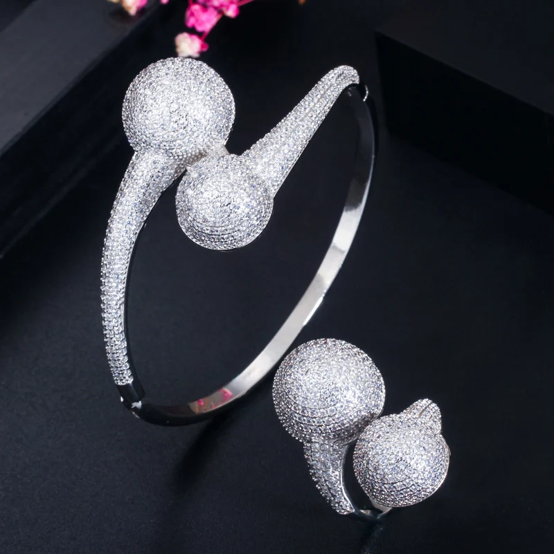 African Style Micro Paved Cubic Zircon Open Size Bangle and Ring Jewelry Set for Women Wedding Party Dress Accessories