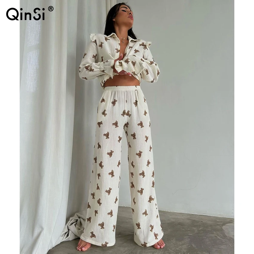 

QINSI Vintage Home Suit Sleepwear Women Casual Cotton Two Piece Set Kawaii Print Autumn Pajamas Set