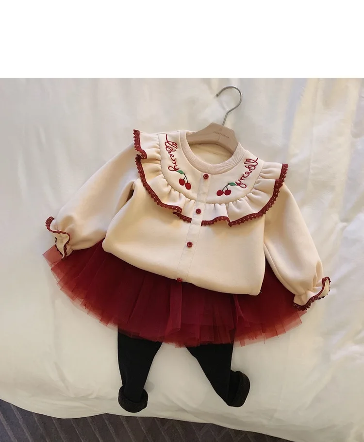 

Autumn And Winter New Children's Clothing Girl Suit Adds Velvet Long Sleeve Embroidered Sweatshirt To Add Gauze Skirt Skirt Trou, Champagne