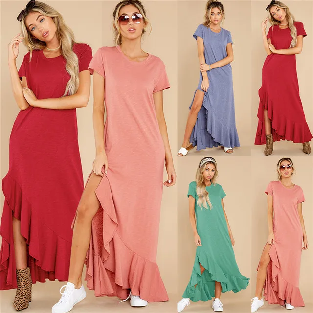 

2021 Summer New Women's Dress Large Size Short-sleeved Crew Neck Knitted Ruffled Slit Sexy Boho Solid Color Long Dress, Picture showed