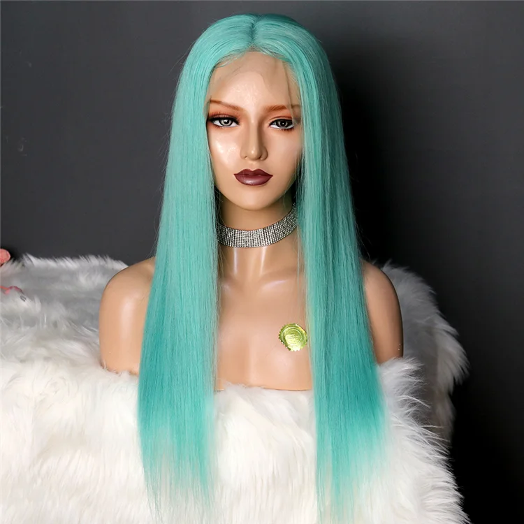 

Blue Long Lace Front Virgin Hair Straight Glueless Wig Colorful Lace Frontal Wig Brazilian Virgin Hair for Women