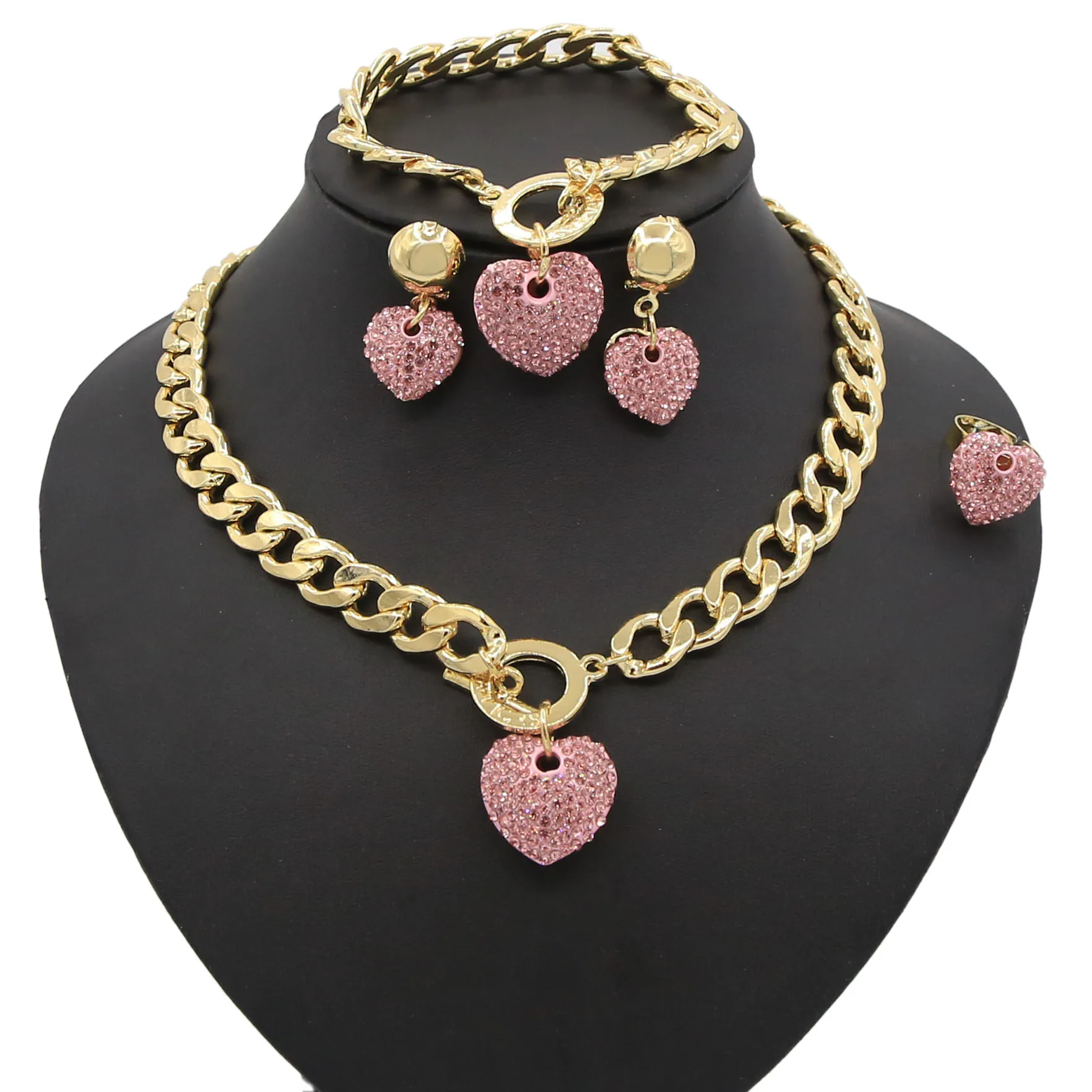 

Pink Heart Pendant With Cuba Chain Link Jewelry Set Designs Wedding & Birthday Party Jewelry Set For Women