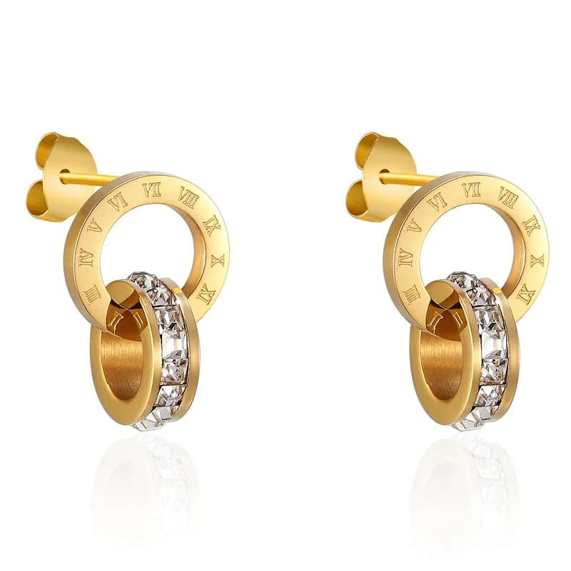 

Top Quality Titanium Steel Double Loop Wound Elegant And Charming Roman Numerals Crystal Stud Earrings For Women Gift Jewelry, Customized