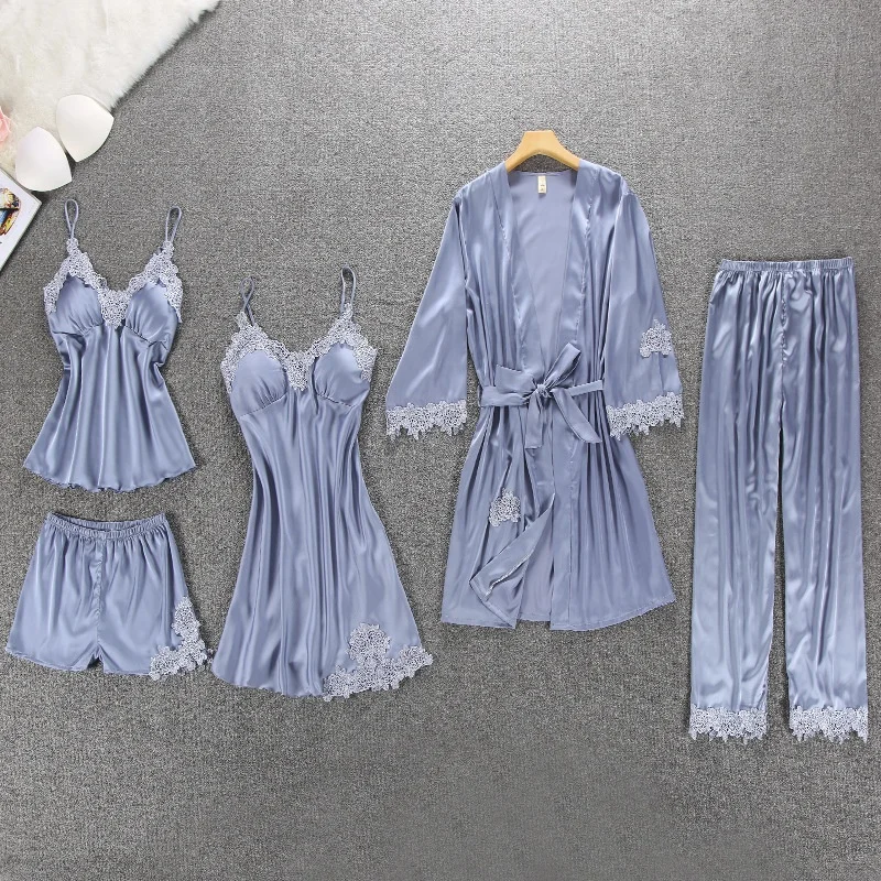 

High Quality Satin Pajamas Wholesale Home Lougewear Lace Five-Piece Sleepwear Set for Women
