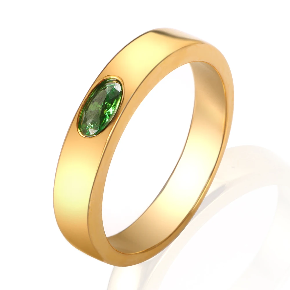 

Wholesale Waterproof Fashion Jewelry Green CZ Stone Crystal Ring Stainless Steel Luxury 18K Gold Plated Vintage Rings For Women