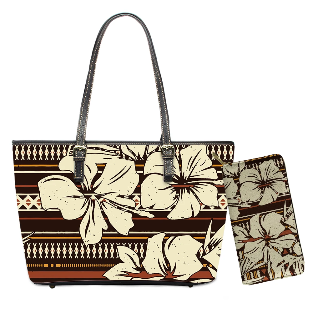 

Elegant Polynesian Tribal Hawaii Flower Leather Handbag and Long Purse Colorful Zipper Ladies Tote Bag Large Shoulder Bags