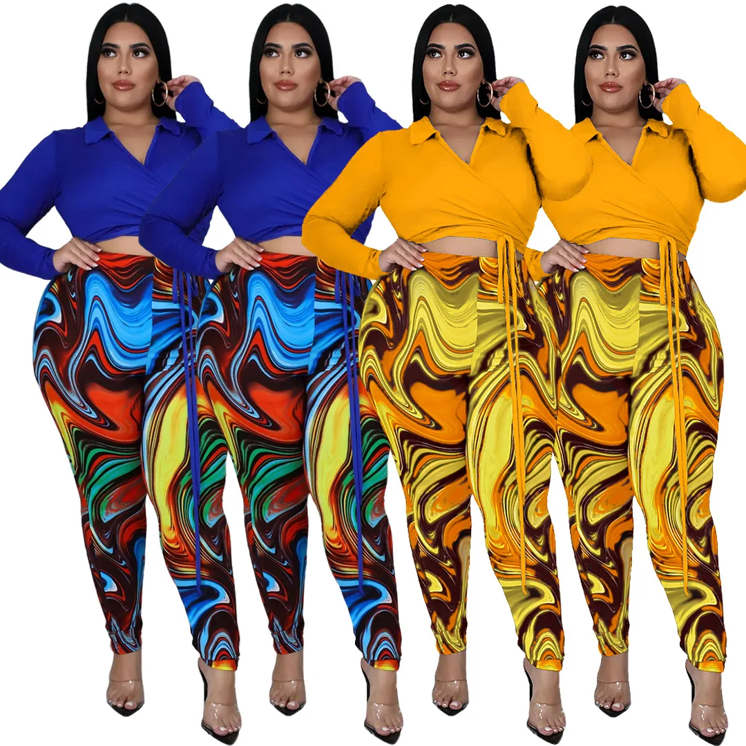 

ASL-7057 Fashion Plus Size Women's Print Lapel Tie Casual Two Piece Set, 5 colors