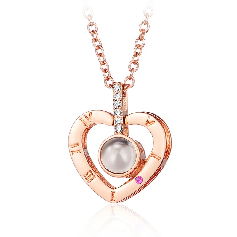 Women Anniversary Valentines Gift Heart Pendant 100 Languages I Love You Projection Necklace
