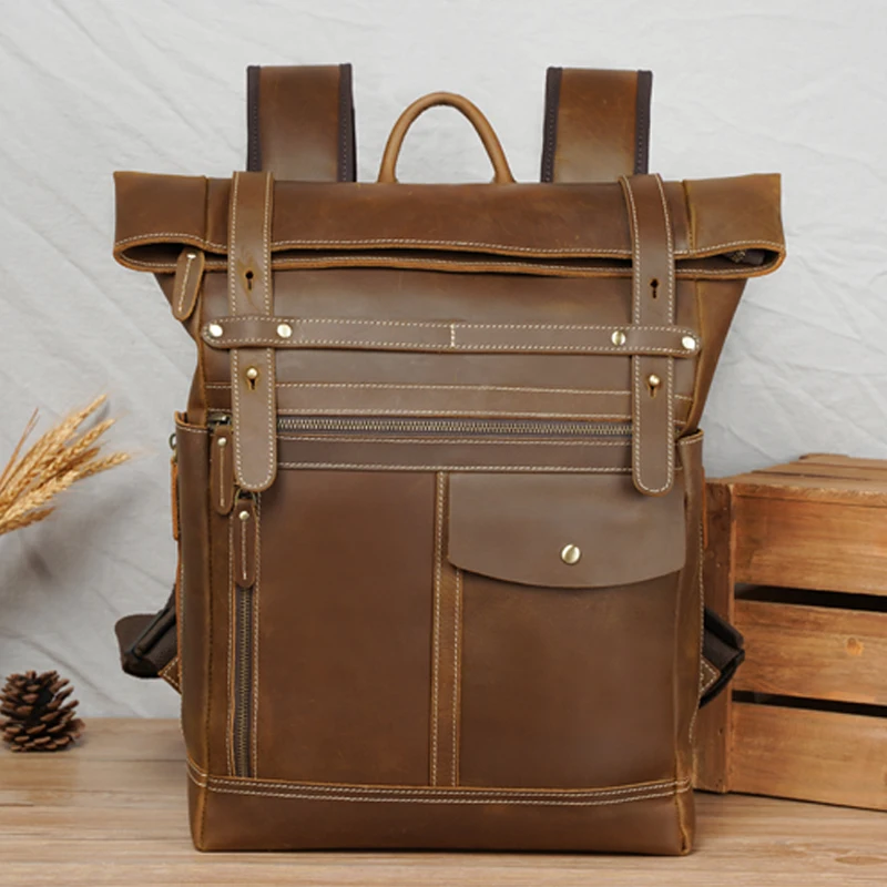 

New Design Brown Cow Full Grain Crazy Horse Leather Back Pack knapsack for Travel School Bag Men Genuine Leather Laptop Backpack