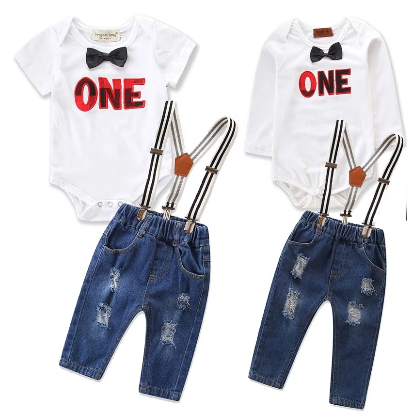 

Hot sales baby boy's cotton rompers and denim overalls infants clothing sets toddlers clothes with short and long sleeves