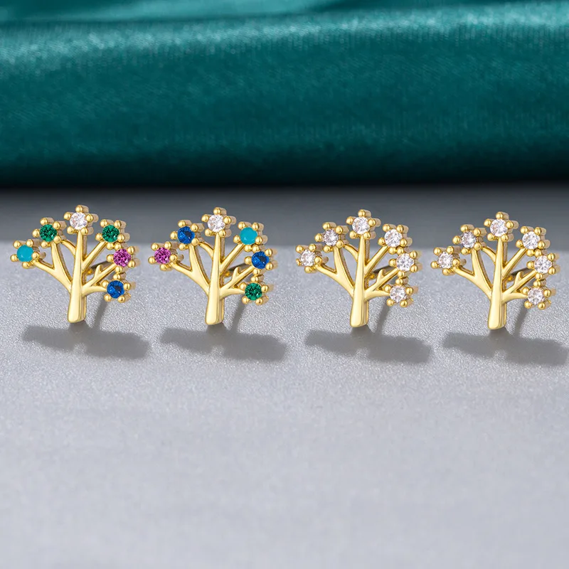 

Korean Hot Selling 18K Gold Plated Micro Paved CZ Plant Earrings Ins Cubic Zircon Small Tree Stud Earrings For Women
