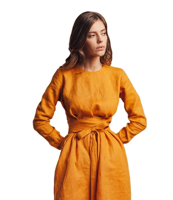 

Women Clothing Wrap Crew Neck Linen Dresses Summer Linen Midi Dress with Belt, Orange or customized
