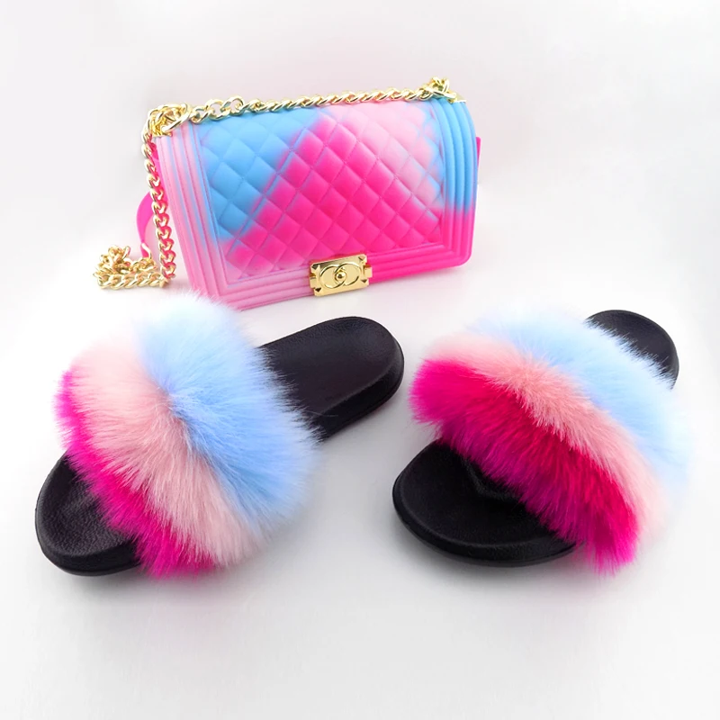 

New fashion ladies faux fur slippers fur sandals with matching bag, Red,blue ,green ,orange ,brown