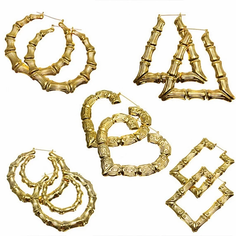 

OEM Boucles Doreilles Africain Punk Earrings Hoop Heart Big Round Geometric Hoop Gold Color Bamboo Earrings, As picture