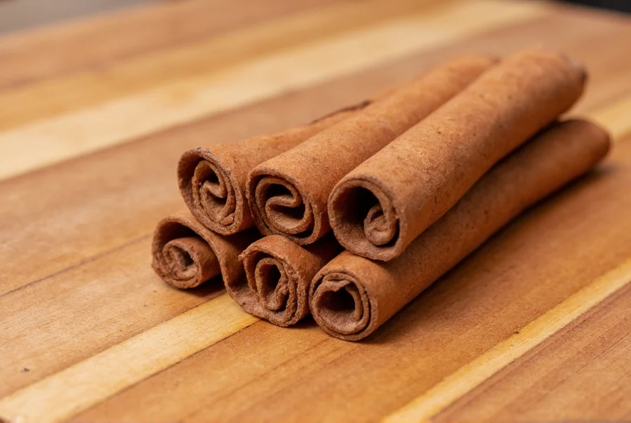 Close-up photograph of genuine cinnamon sticks showing their natural rolled bark structure on wooden cutting board