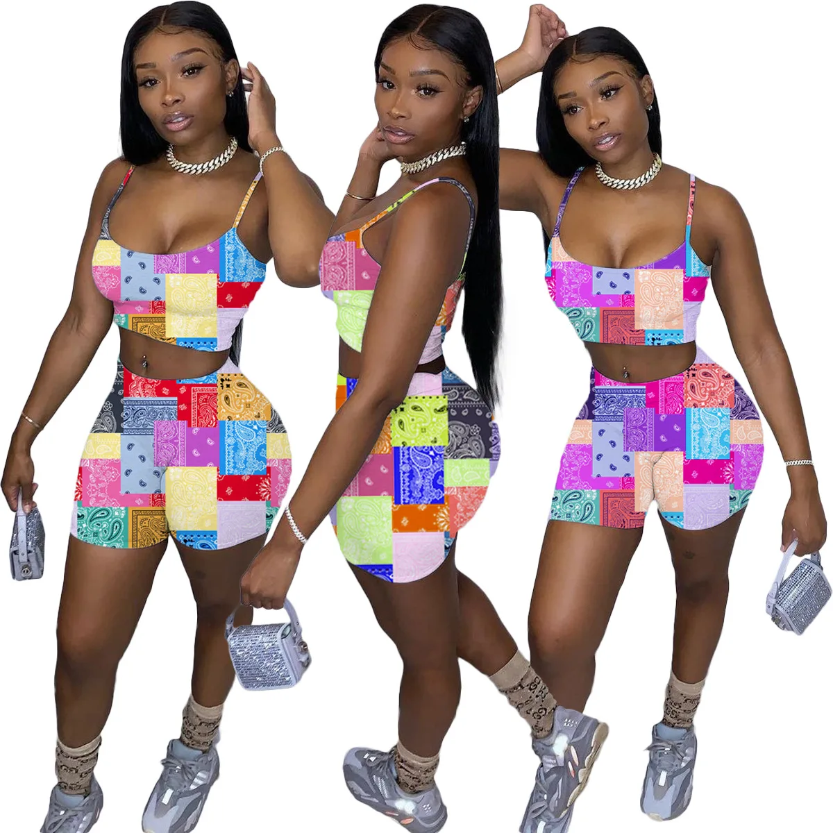 

Summer Matching Set Women Shorts Two Piece Bandana Tracksuits Biker Shorts Two Piece Woman Yoga Set, Yellow,green,orange