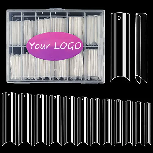 

240 Pcs Acrylic False Nails Salons Extra Long C Curve Nail Tips XXL Clear Half Cover Straight Square Nail Tips, Clear/ natural/ white