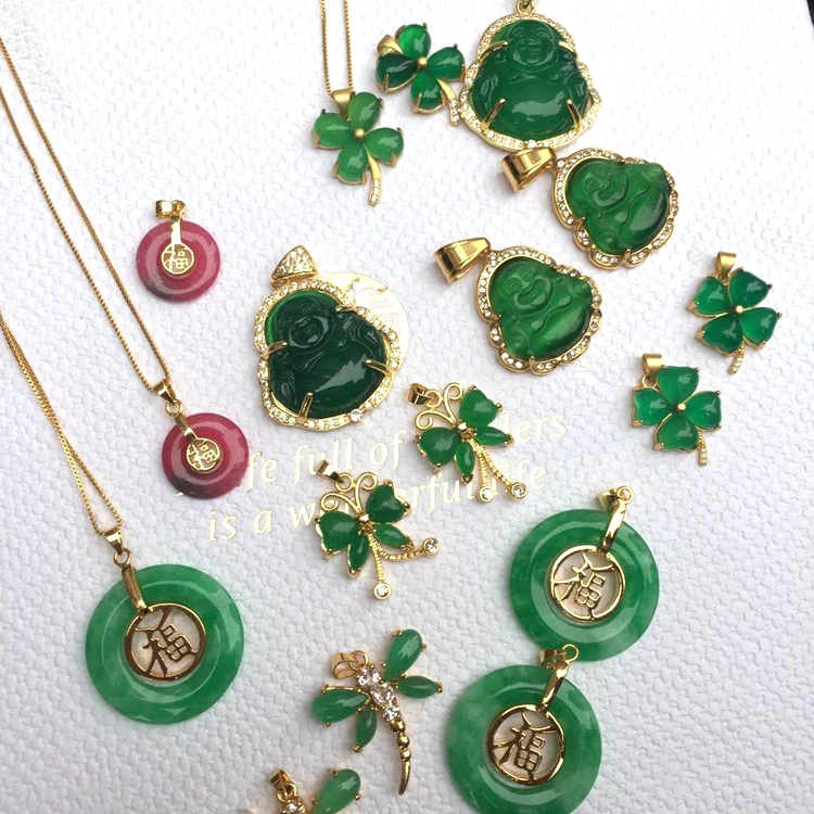 

Jialin jewelry good quality wholesale gold plated green agate chinese jade butterfly jade pendant women charm necklaces