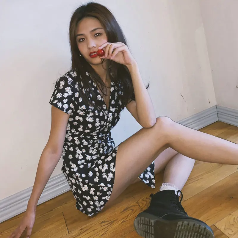 

Factory Price Boho Printed Short Casual Women Dresses Mini 2021 Designs Party Floral Summer Chiffon Dress