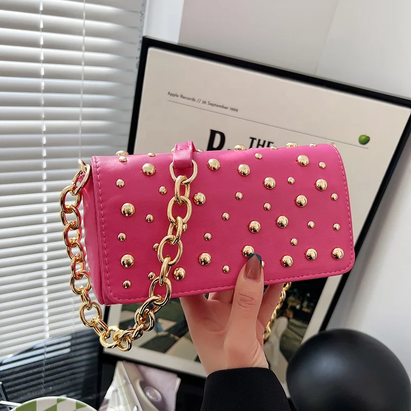 

2021 Trending Solid PU Purses Luxury Rivets Bag with Chain Shoulder Women Small jelly Leather Clutch Handbag
