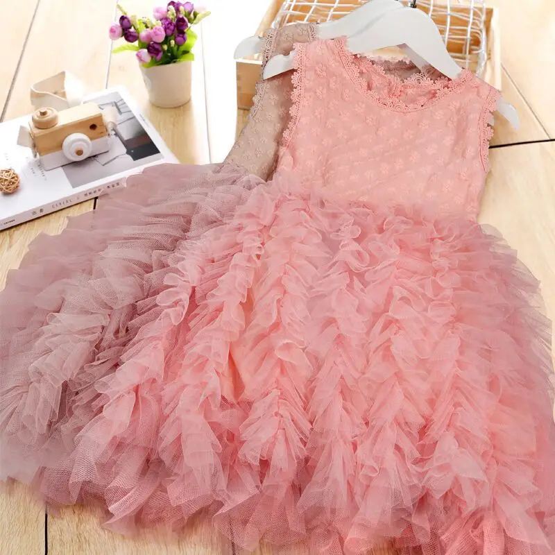 

baby girls birthday party sleeveless pink ruffled princess mesh tutu kids casual dress, Customized color