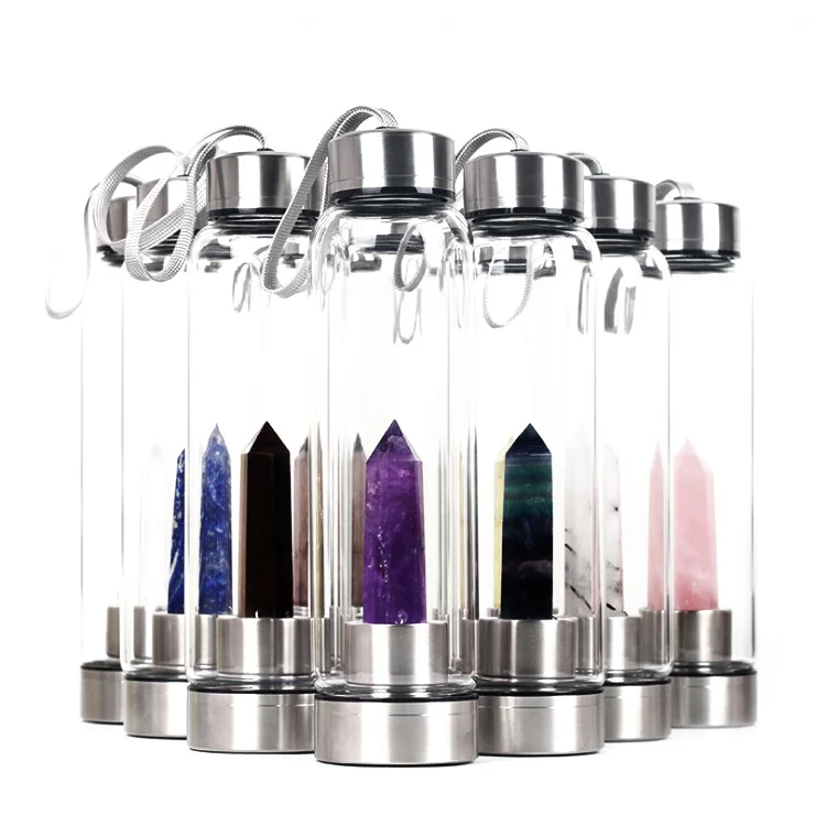 

550ml Hot Selling Customized Logo Gem Stone High Borosilicate Glass Healing Crystal Water Bottle, Customized color