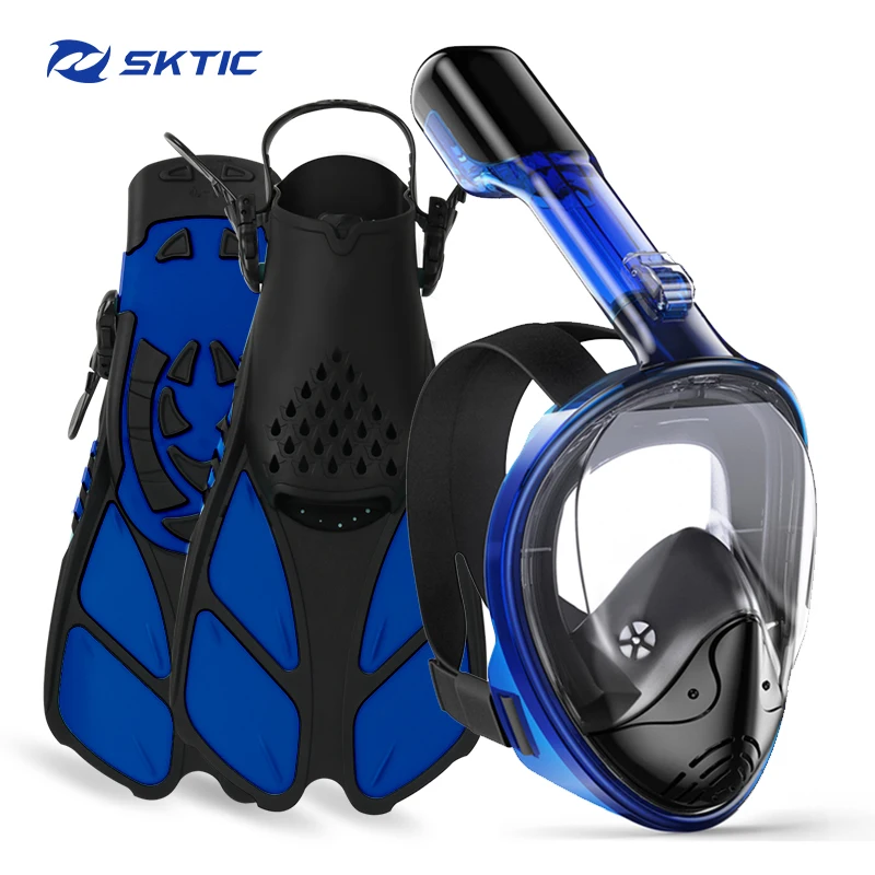 

SKTIC 2021 Newest Snorkel Mask Full Face Breathing Masks For Adult Kids 180 Degree View Diving Snorkeling Fins Snorkel Set, Mask&fins:black blue