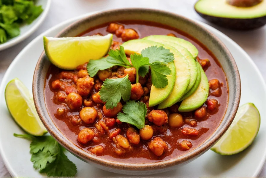 Bowl of vegetarian chili served with avocado slices, cilantro, and lime wedges