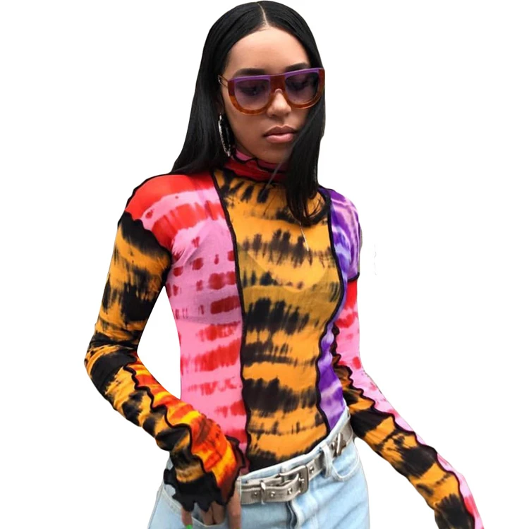 

Y4205-fall Clothing For Women Elegant Tops Turtleneck Long Sleeve T Shirt Women Tie Dye Top