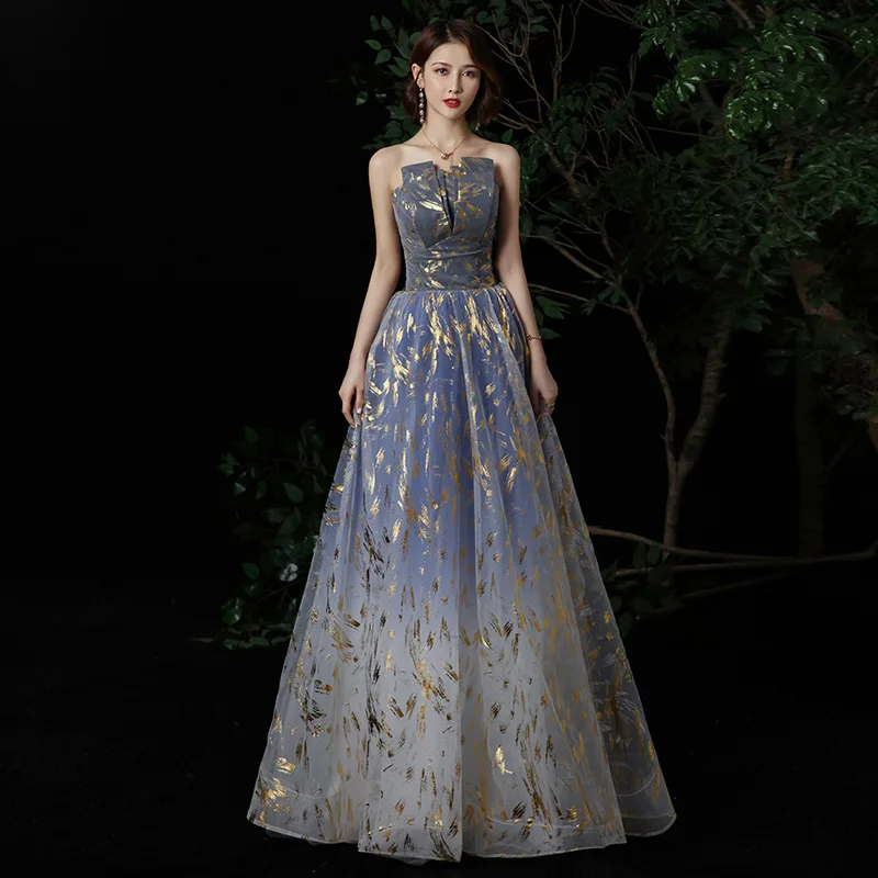 

2020 Gentle Strapless A-Line Gold Appliqued Formal Evening Dresses Prom Gowns, As shown