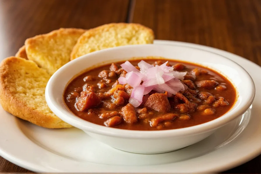 Texas chili served in white bowl with onion garnish and cornbread