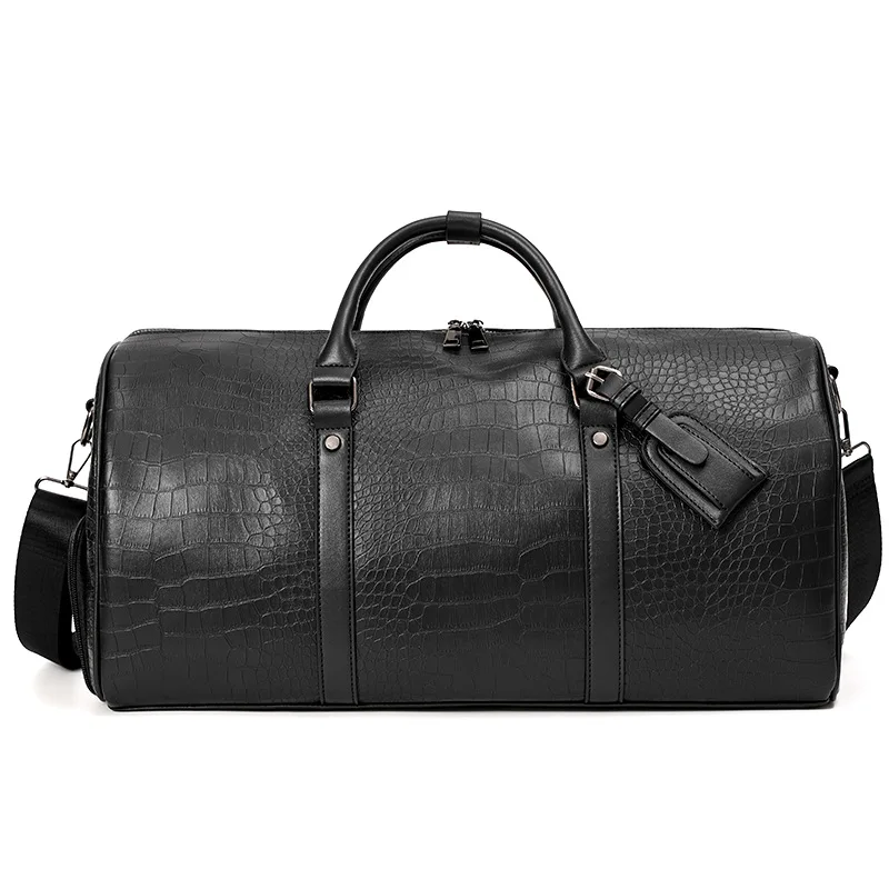 

RTS soft luxury PU Travel hiking leather Tote Waterproof bag sports Fitness duffel Crocodile stripe skin gym bag with zipper