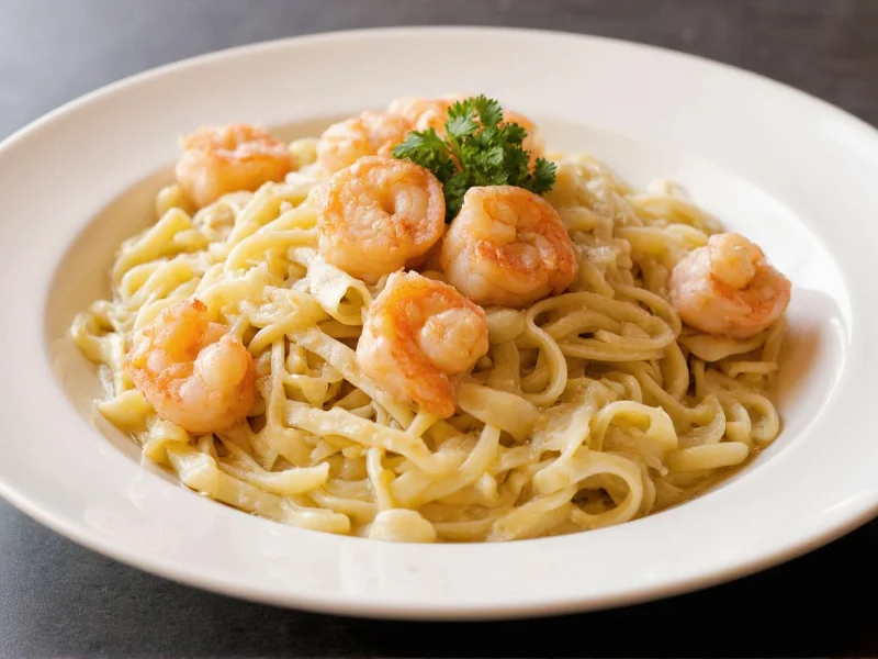 Creamy shrimp alfredo in white ceramic bowl
