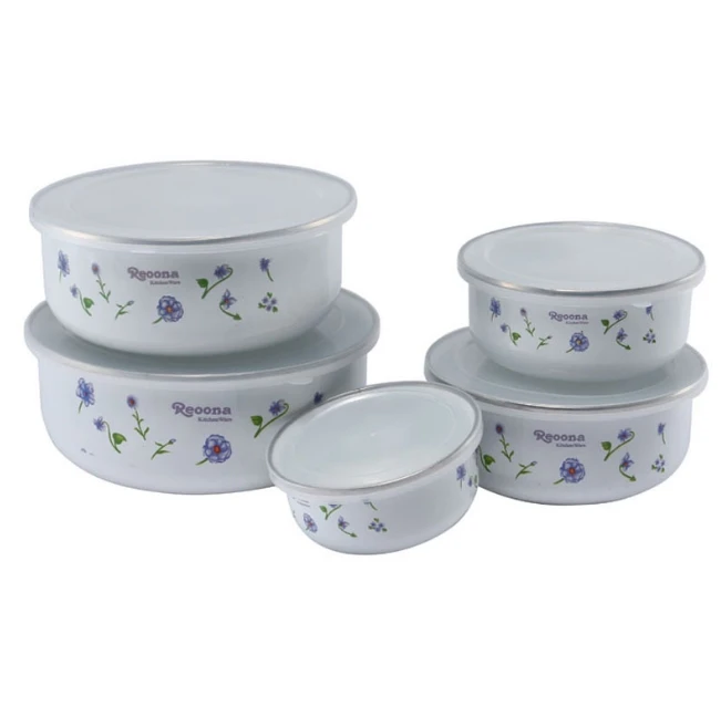 

cheaper price 5pcs Food Jars Canisters Mixing Bowls with Seal Cover Enamel Suit for kitchen, White