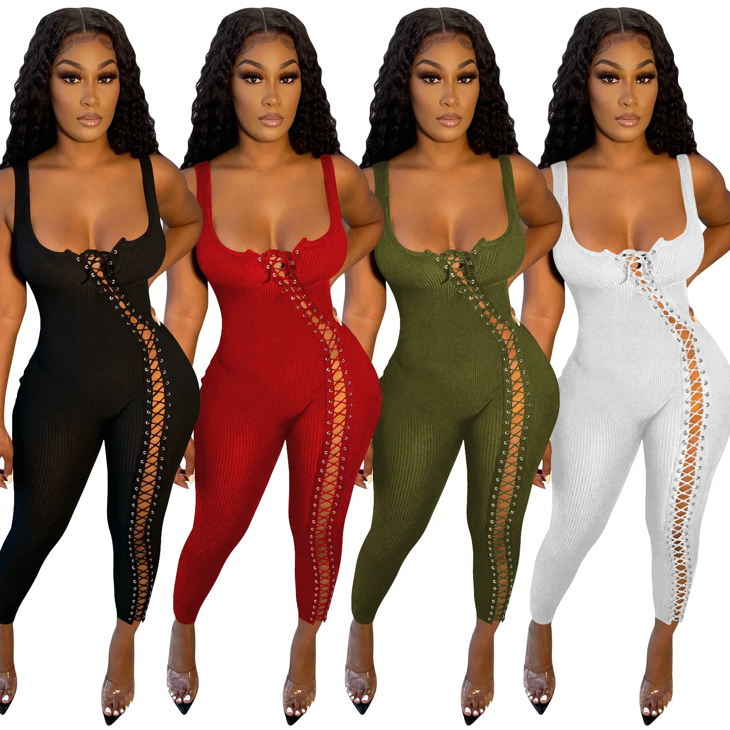 

GX5245C Wholesale 2022 New Arrivals Square Collar Women Bodysuit Fashion Summer New Sexy Strappy Cutout One Piece Jumpsuit, Picture