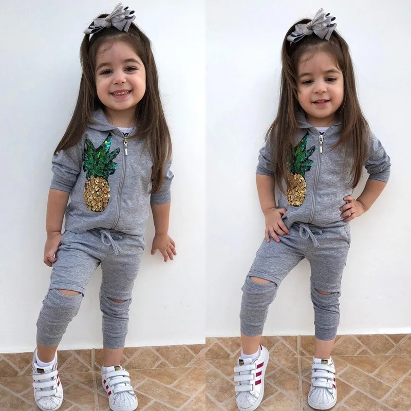 Girls Autumn Clothes Long Sleeve Sequins Pineapple Hooded Cardigan Coat +Ripped Pants 2Pcs Outfits Casual Baby Girl Clothes Set