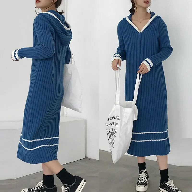 

Fashion winter girls patchwork striped long sweaters women hooded ribbed sweater dress warm outfit knitted maxi sweater dresses