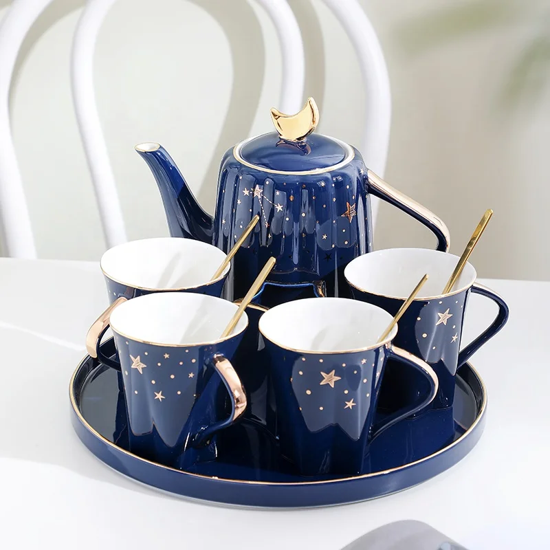 

Home Light Luxury Starry Sky Waterware Ceramic Big Kettle Nordic Flower Teapot Cup Living Room Creative Tea Set, Blue