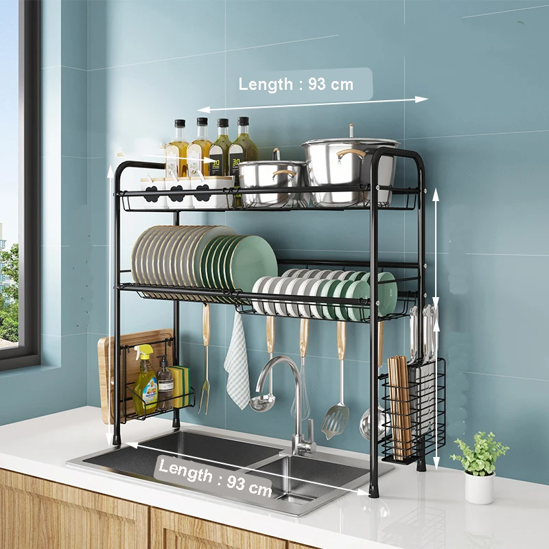 

Kitchen Storage Large Capacity 2 Tiers with hooks Drying Holder Stainless Steel dry rack dishes