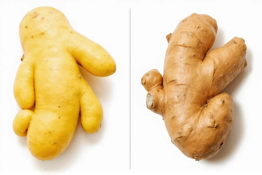 Side-by-side comparison of fresh ginger root with smooth skin versus old ginger showing wrinkles and mold spots