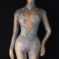 

Women's Pearls See Through Bodysuit Stage Dance Jumpsuit Singer Stretch Leggings Nightclub Crystals rhinestone Dance Rompers